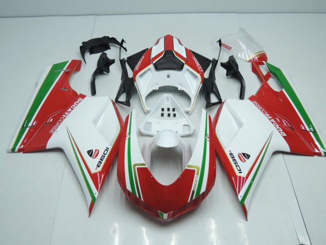 Bianco & Rosso con Verde Banda Carene Moto Ducati 848 1098 1198 07-14 Bianco & Rosso con Verde Banda Carene Moto Ducati 848 1098 1198 07-14